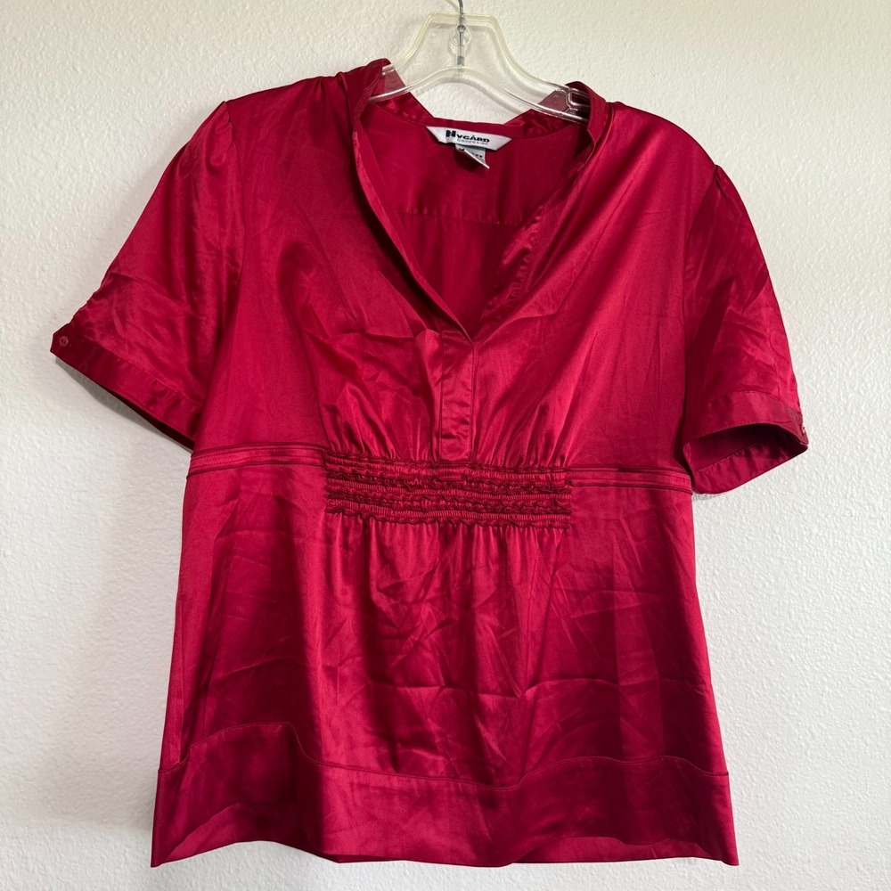 Nygard Collection Blouse Womens 10P‎ Red Satin Stretch Embroidered Split Neck